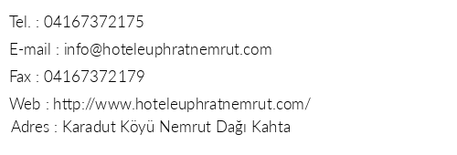 Hotel Euphrat Nemrut telefon numaralar, faks, e-mail, posta adresi ve iletiim bilgileri